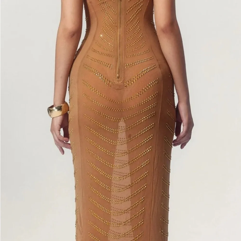 Golden Sheer Gown With Rhinestones Maxi Sleeveless Special Occasions BNWOT
